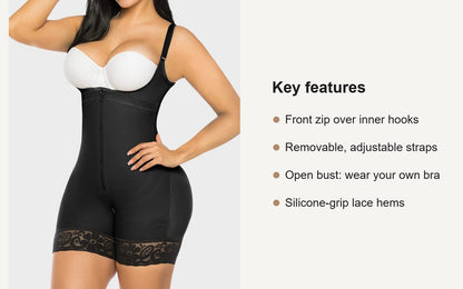 Key features of the open-bust faja bodysuit with front zip