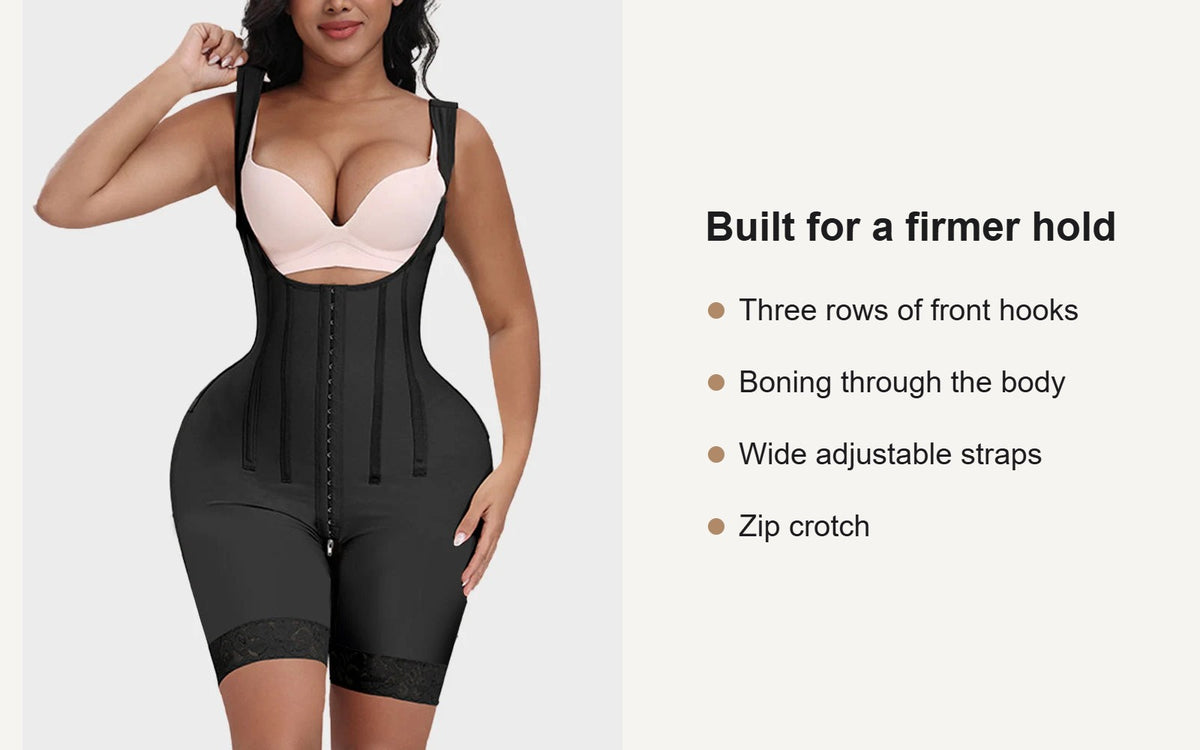 Key features of the boned faja bodysuit with front hooks