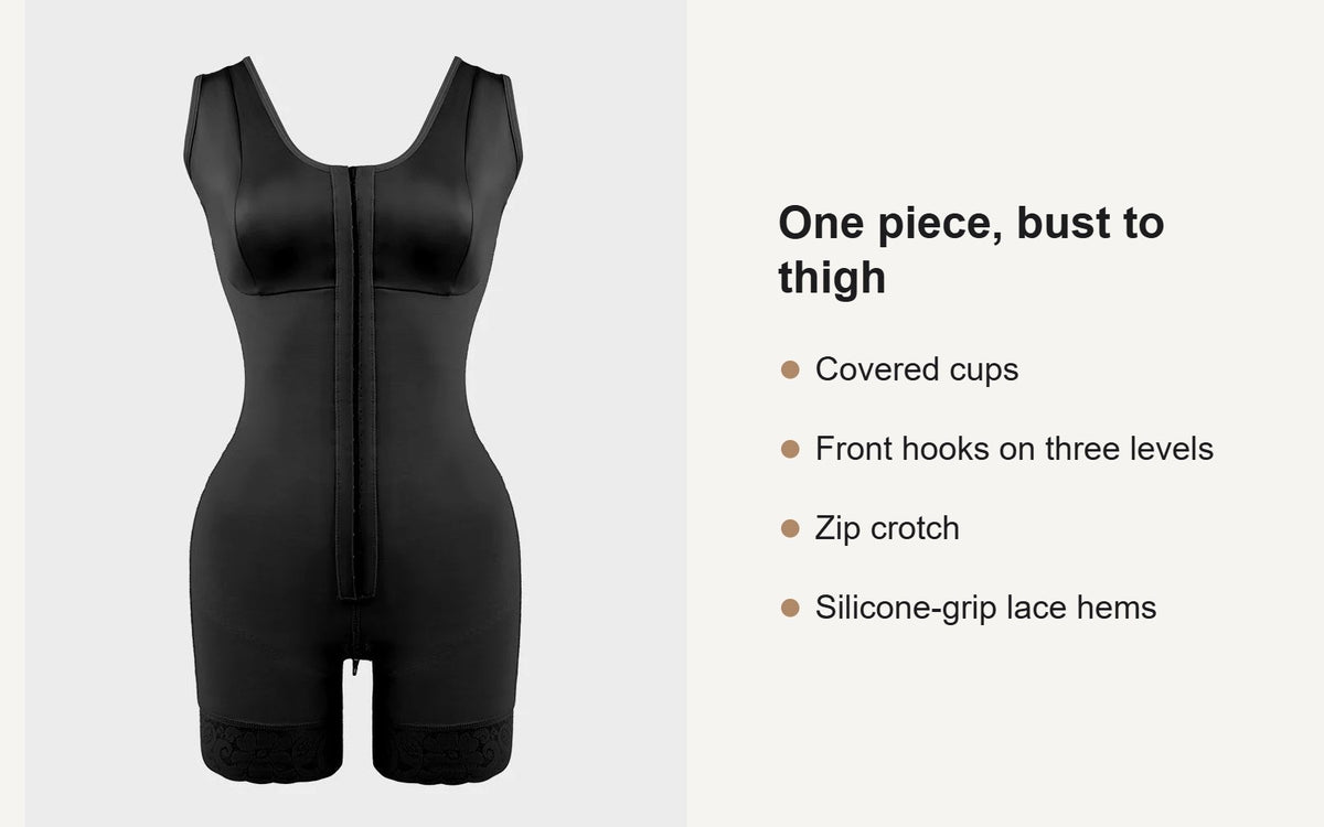 Key features of the full-coverage shaping bodysuit with front hooks