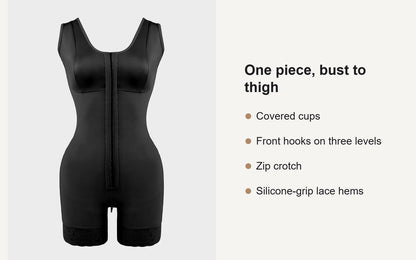Key features of the full-coverage shaping bodysuit with front hooks
