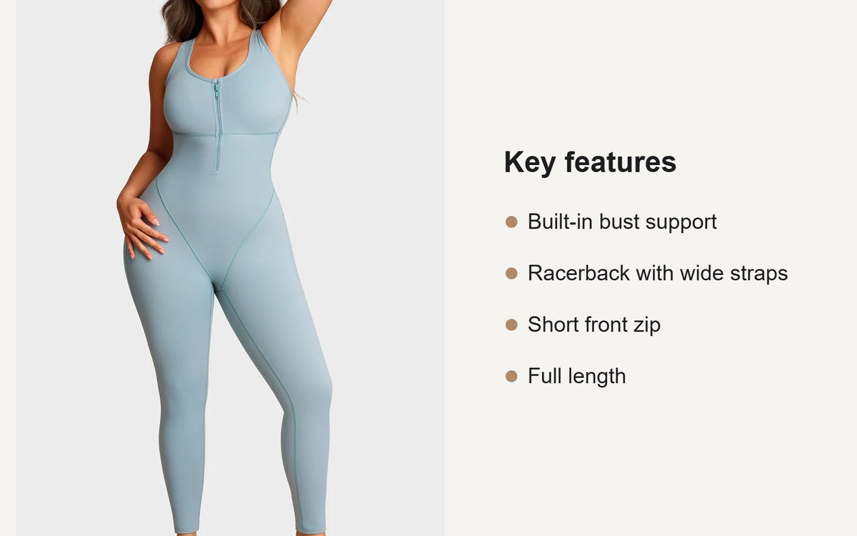 Key features of the sleeveless workout jumpsuit with built-in bra