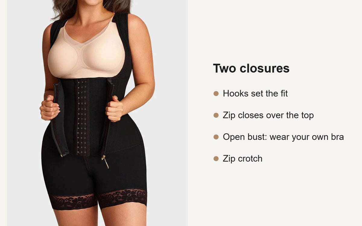 Key features of the open-bust shaping bodysuit with zip over hooks