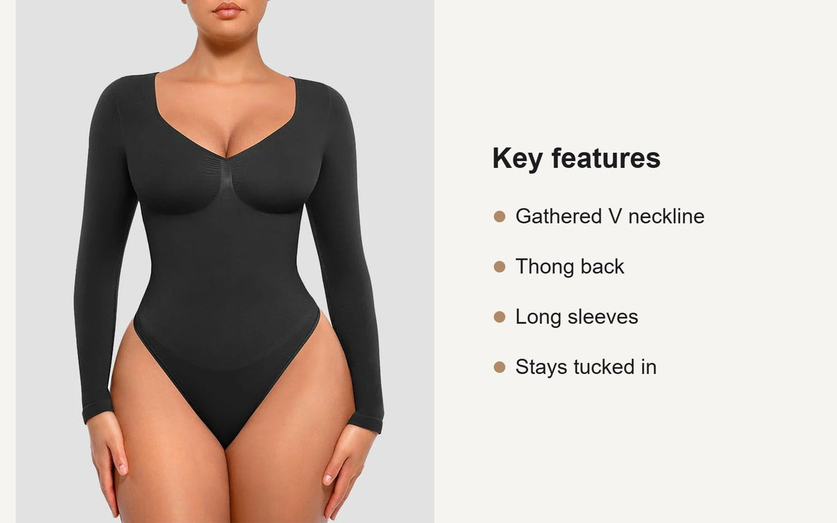 Key features of the long sleeve thong bodysuit with V neckline