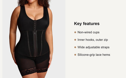 Key features of the full-bust faja bodysuit with hooks and zip