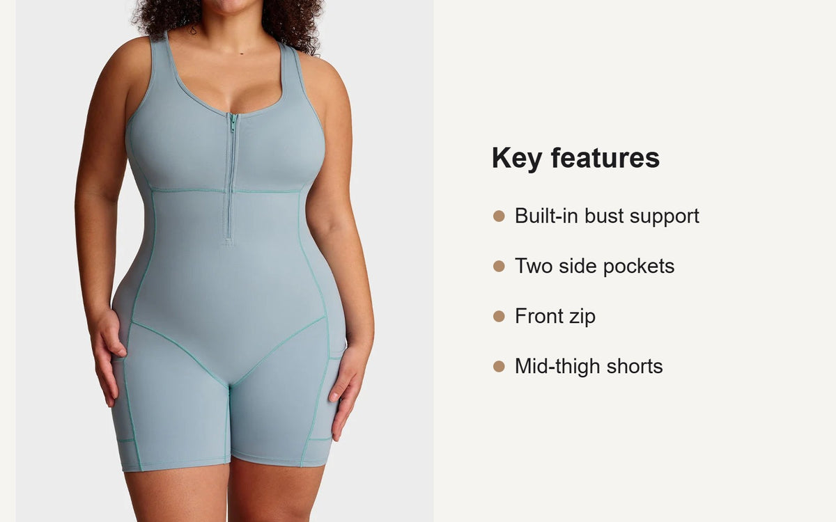 Key features of the workout romper with built-in bra and pockets