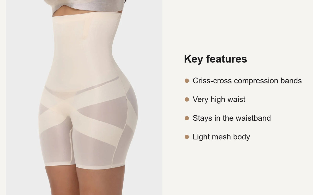 Key features of the high-waist mesh shaper shorts with cross bands