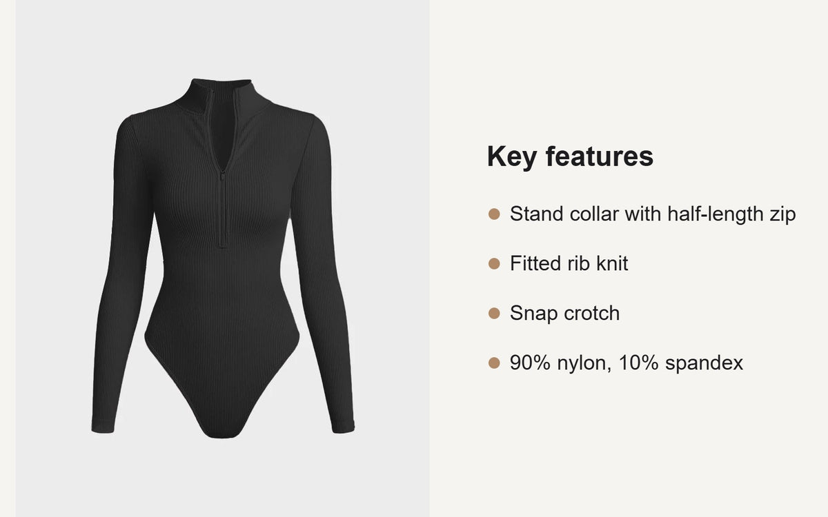 Key features of the ribbed long sleeve half-zip bodysuit