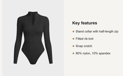 Key features of the ribbed long sleeve half-zip bodysuit