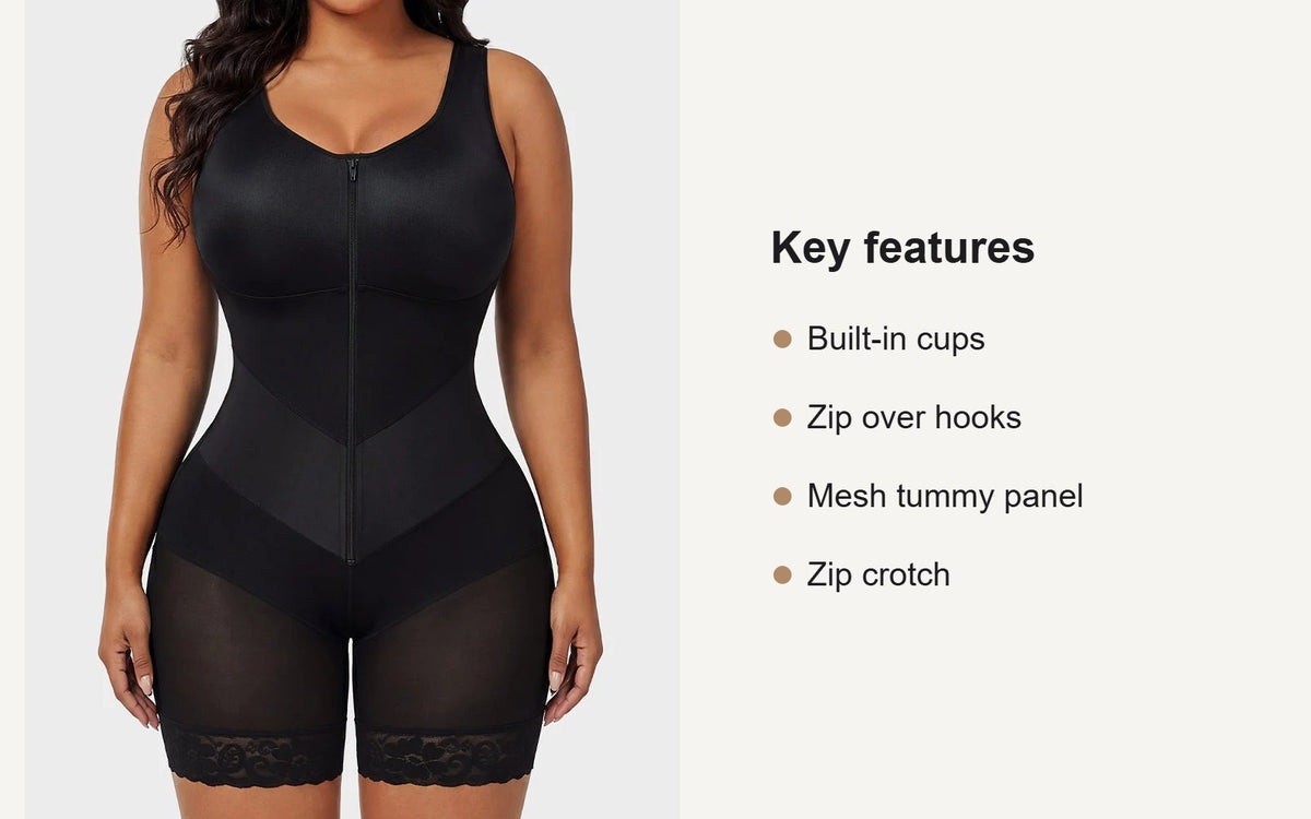Key features of the zip-front full body shaper with built-in cups