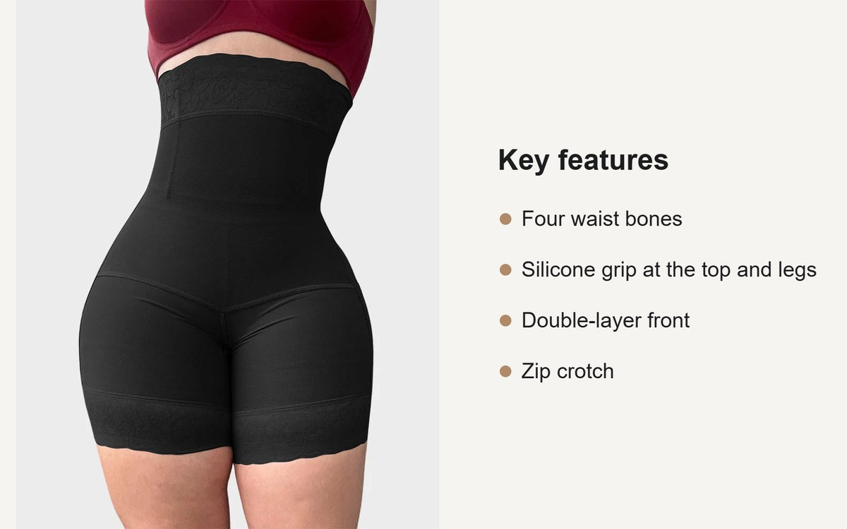 Key features of the high-waist faja shorts with zip crotch