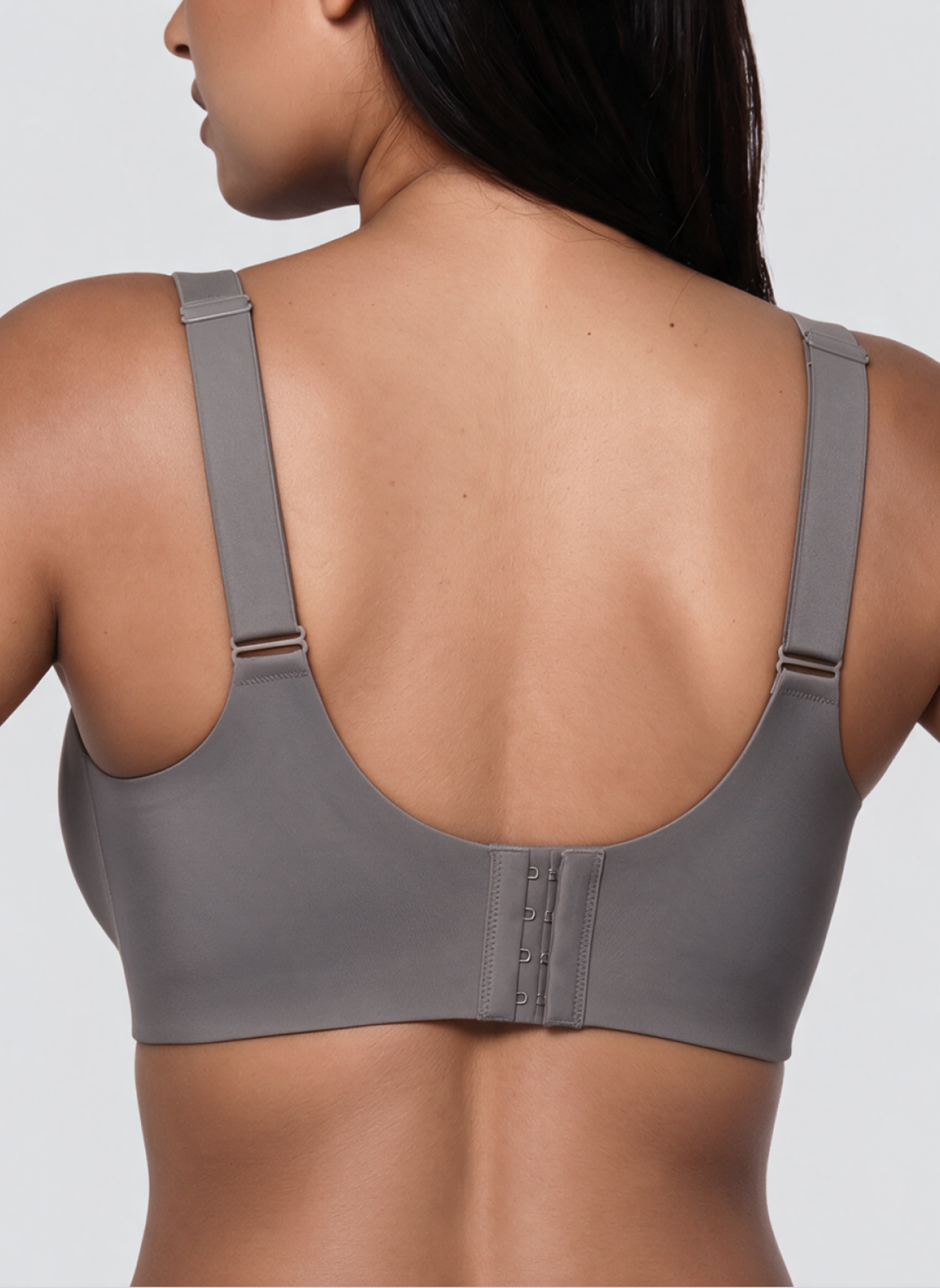 Back view of the grey full coverage wireless jelly bra with four hook fastening