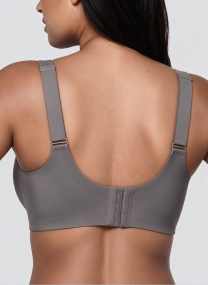 Back view of the grey full coverage wireless jelly bra with four hook fastening