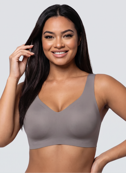 Grey full coverage wireless jelly bra, front view