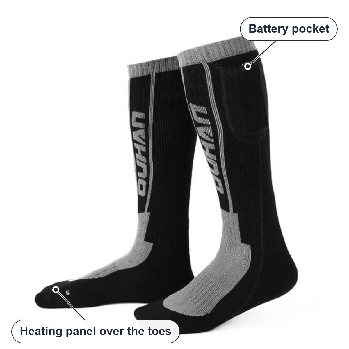 Heated socks showing the battery pocket at the top and the heating panel over the toes