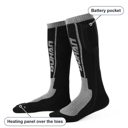 Heated socks showing the battery pocket at the top and the heating panel over the toes