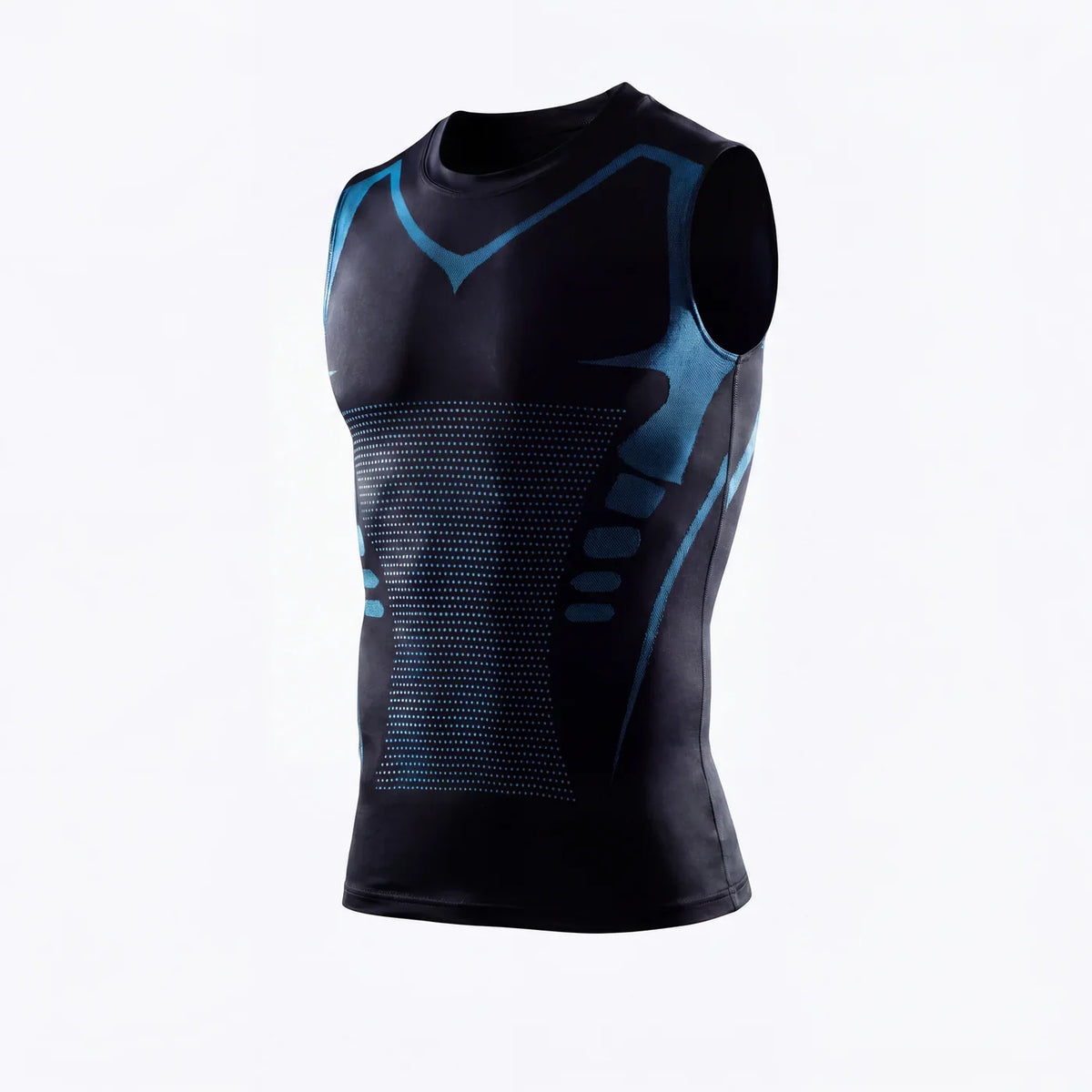 Black compression tank top with blue chest detailing and hexagon mesh stomach panel