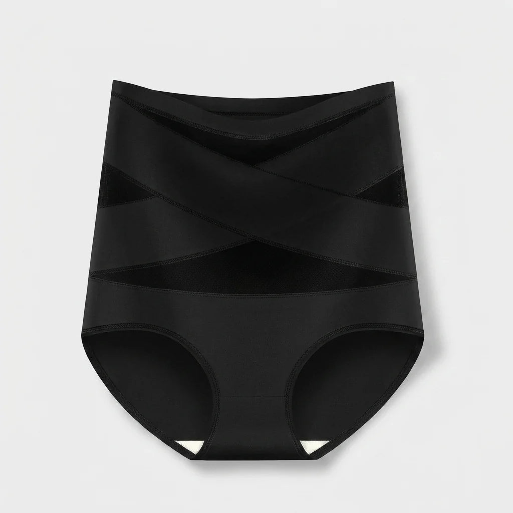 Black high waisted tummy control knickers with crossed mesh bands