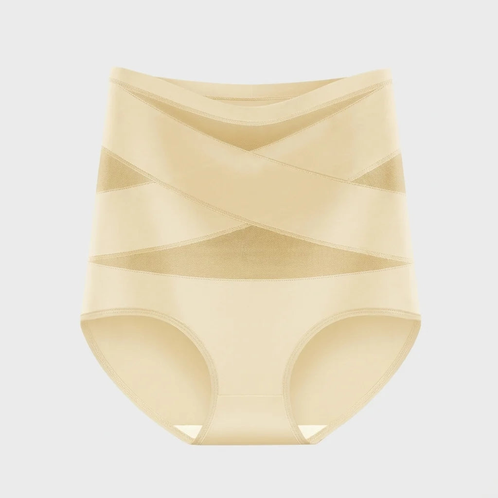 Nude high waisted tummy control knickers with crossed mesh bands