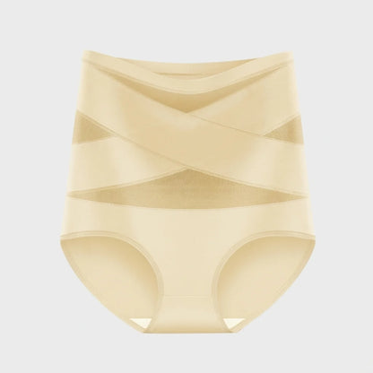 Nude high waisted tummy control knickers with crossed mesh bands