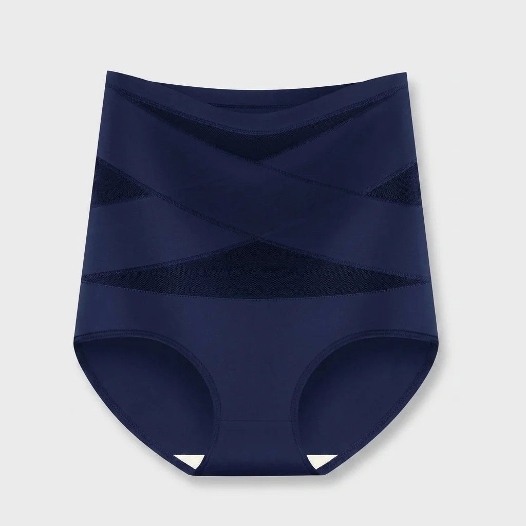 Navy high waisted tummy control knickers with crossed mesh bands