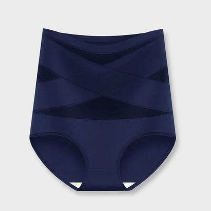 Navy high waisted tummy control knickers with crossed mesh bands