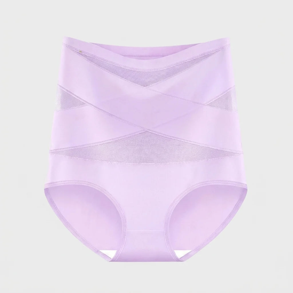 Lilac high waisted tummy control knickers with crossed mesh bands