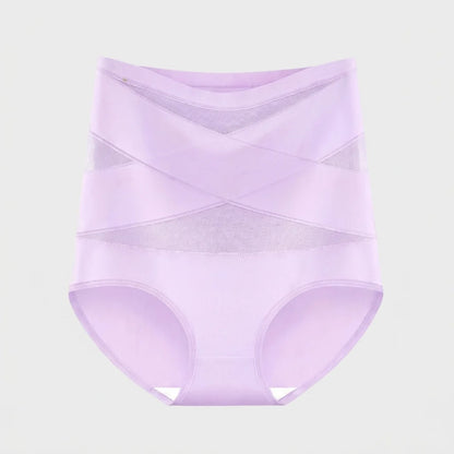 Lilac high waisted tummy control knickers with crossed mesh bands