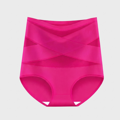 Fuchsia pink high waisted tummy control knickers with crossed mesh bands