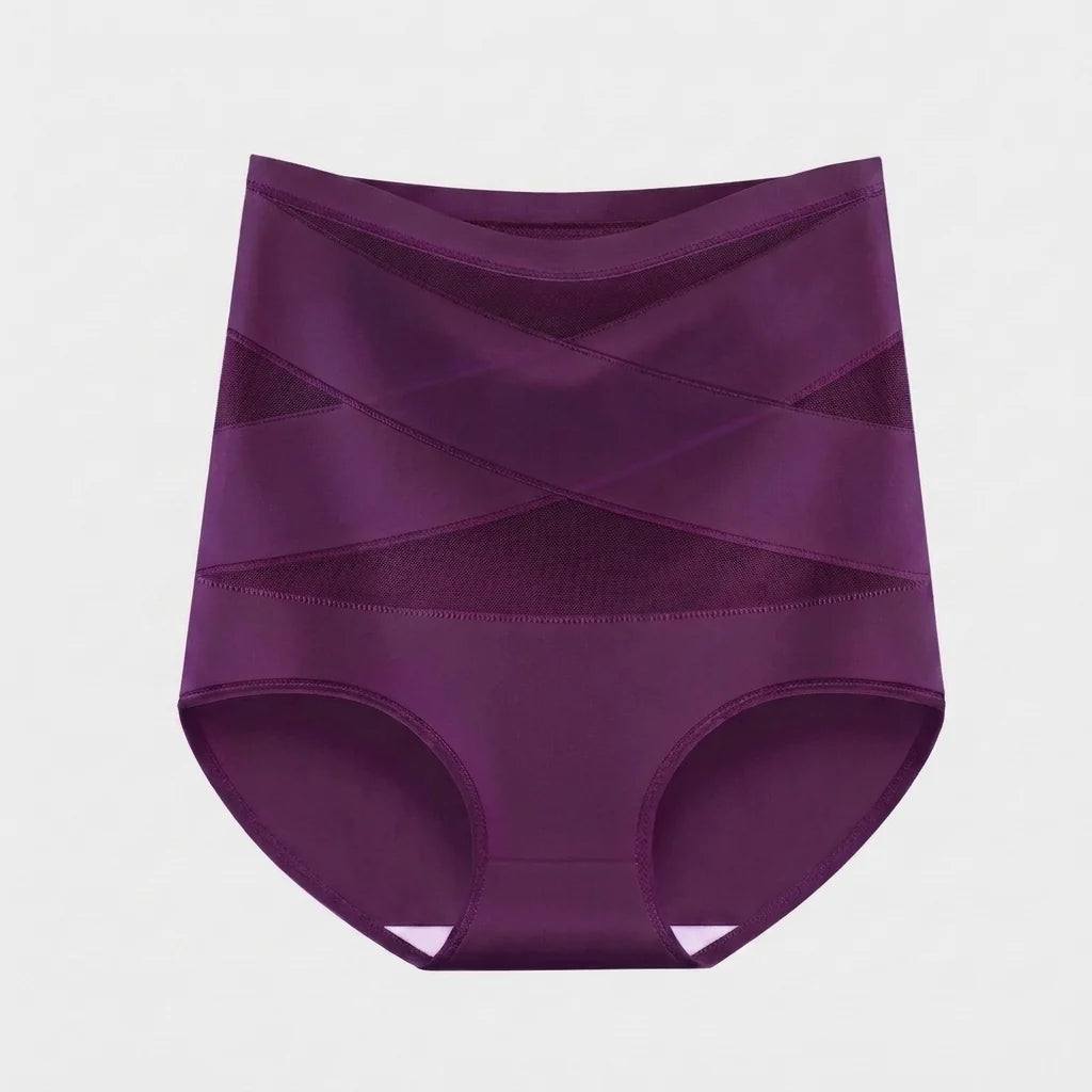 Deep purple high waisted tummy control knickers with crossed mesh bands