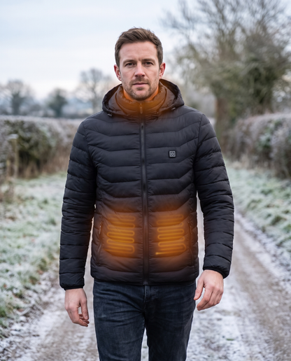 Black heated hooded puffer jacket worn outdoors in winter