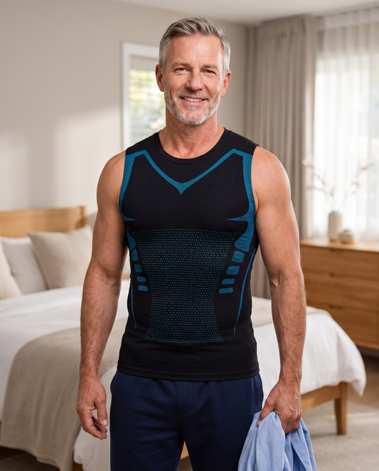 Man wearing a black compression tank top with blue detailing at home