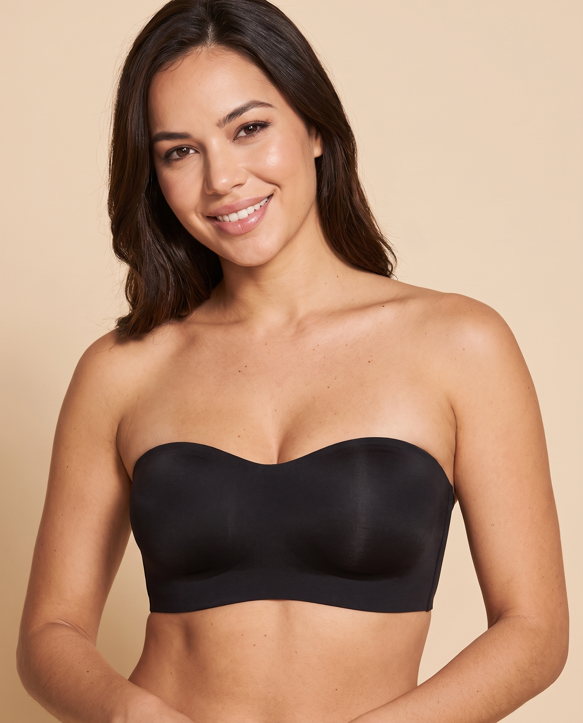 Black non-slip strapless bra worn by a woman