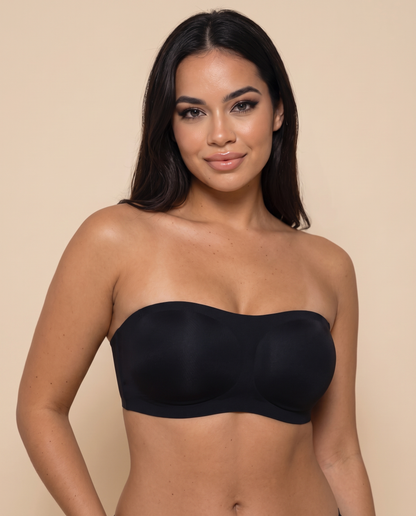 Woman wearing a black wireless strapless bandeau bra