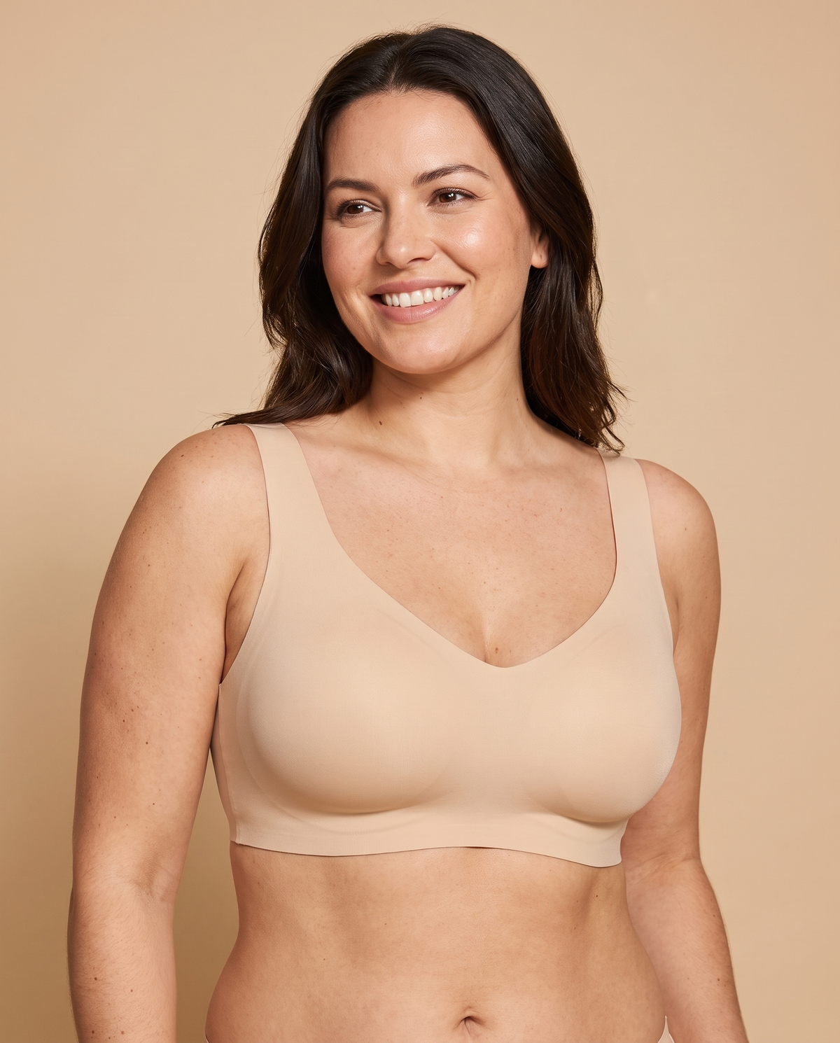 Woman wearing a nude full coverage wireless jelly bra