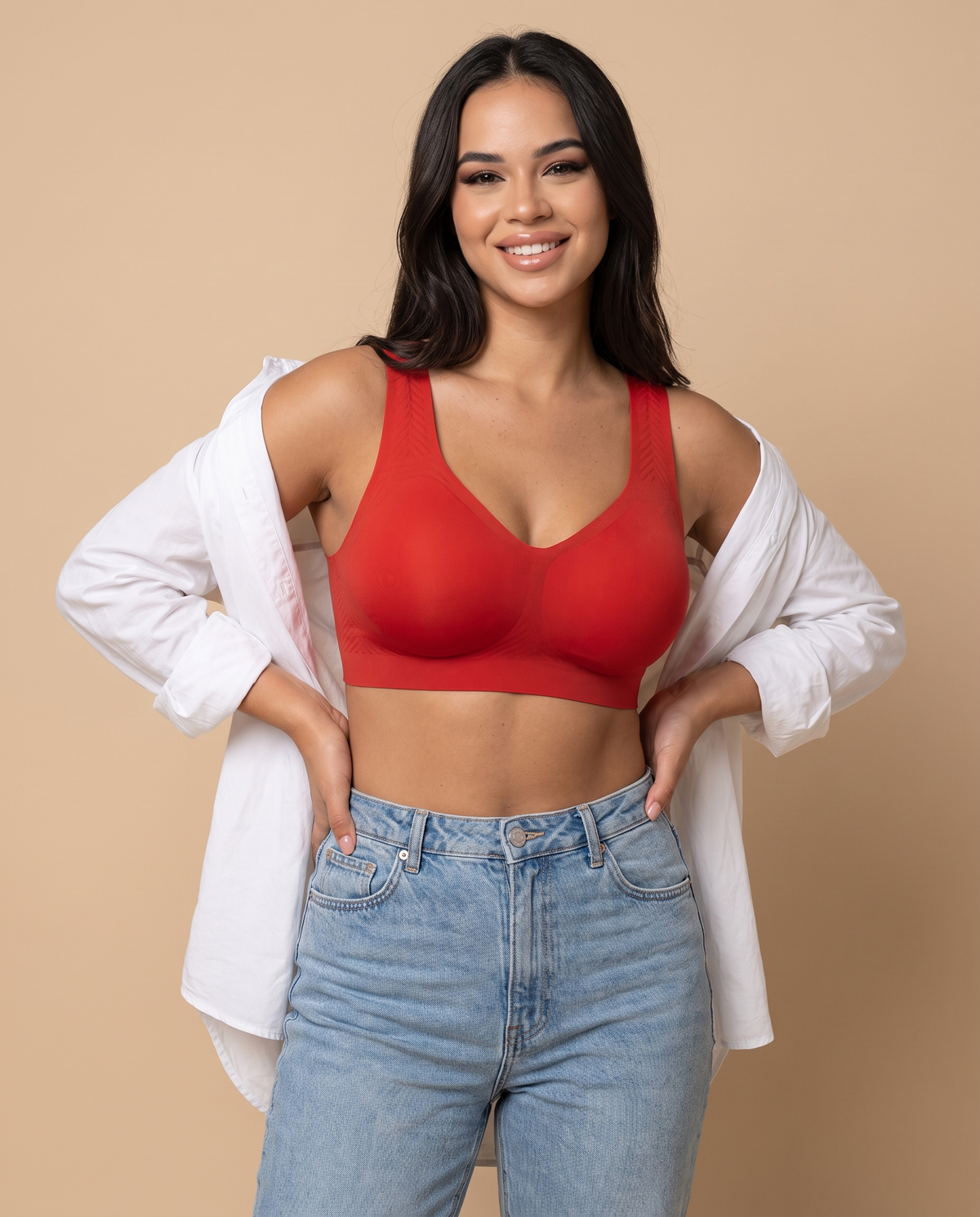 Woman wearing a red wireless smooth back pull on bra