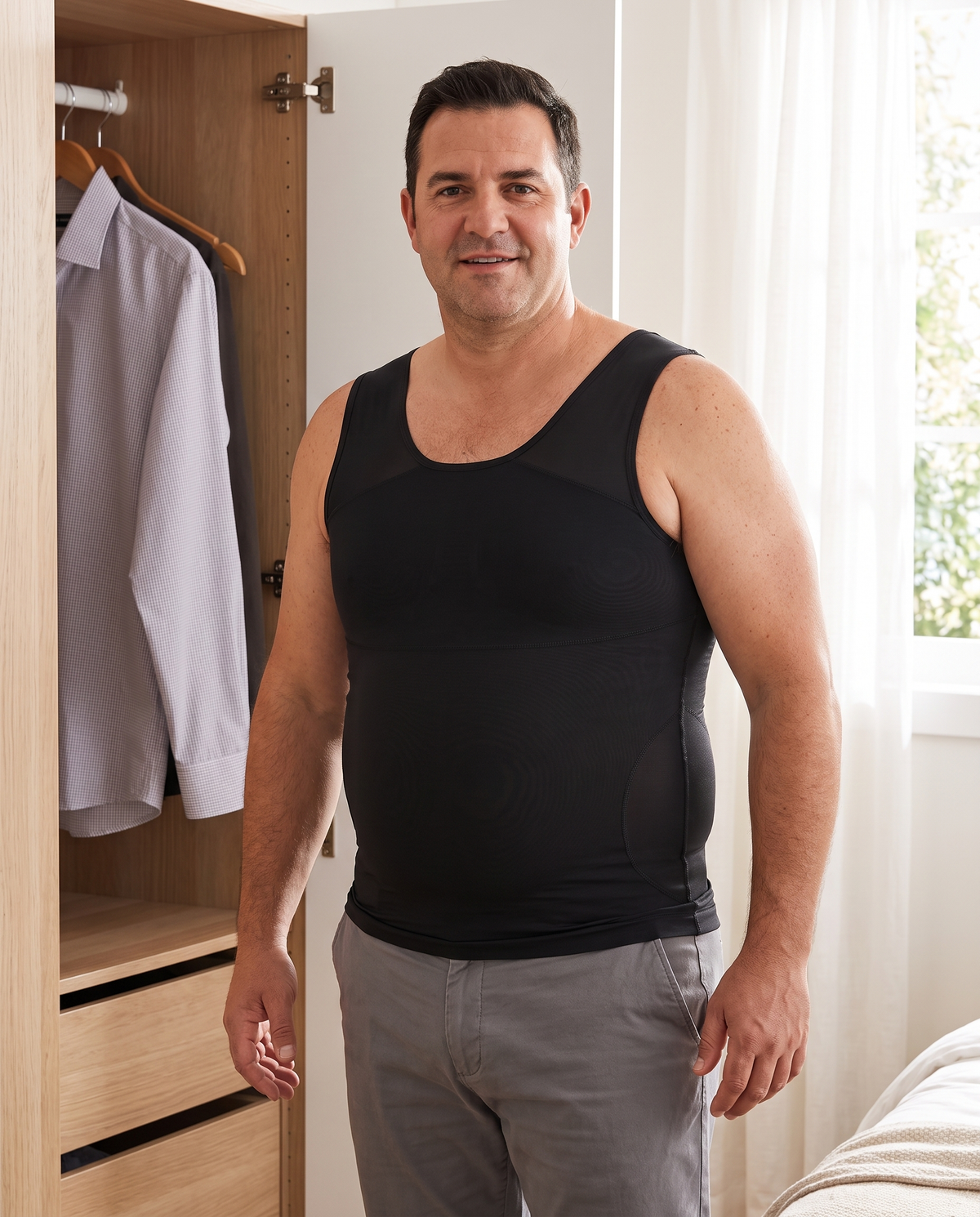 Man wearing a black sleeveless compression vest at home