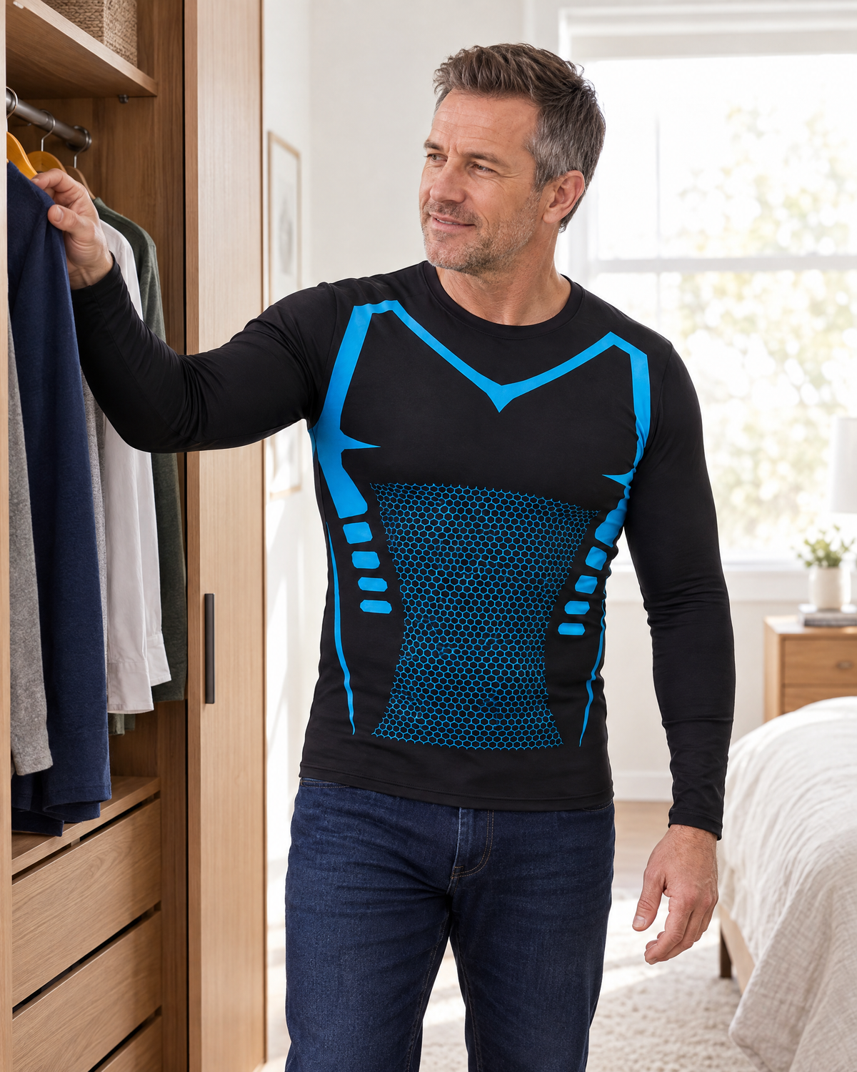 Man wearing the black long sleeve compression shirt by a wardrobe