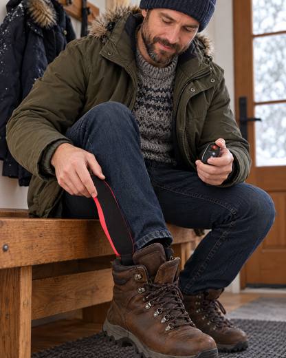 Heated insole being slid into a walking boot, remote in hand