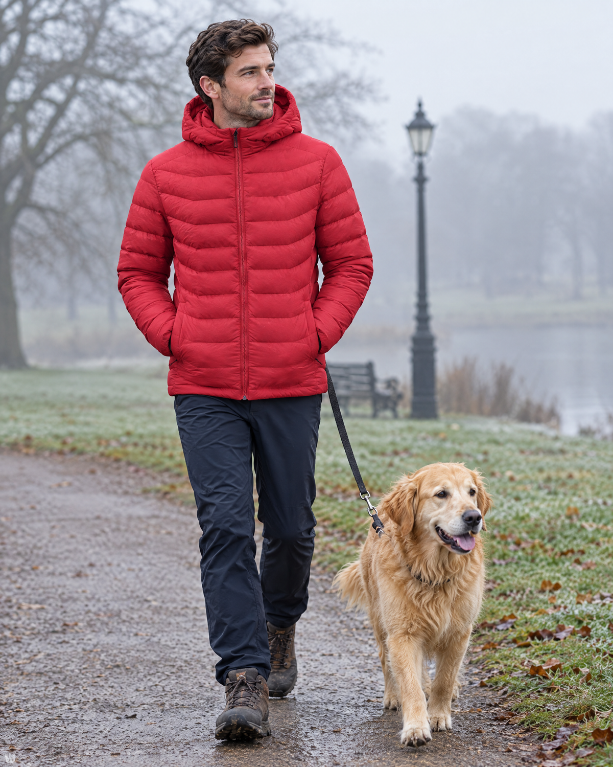 Red heated hooded puffer jacket worn on a cold morning dog walk