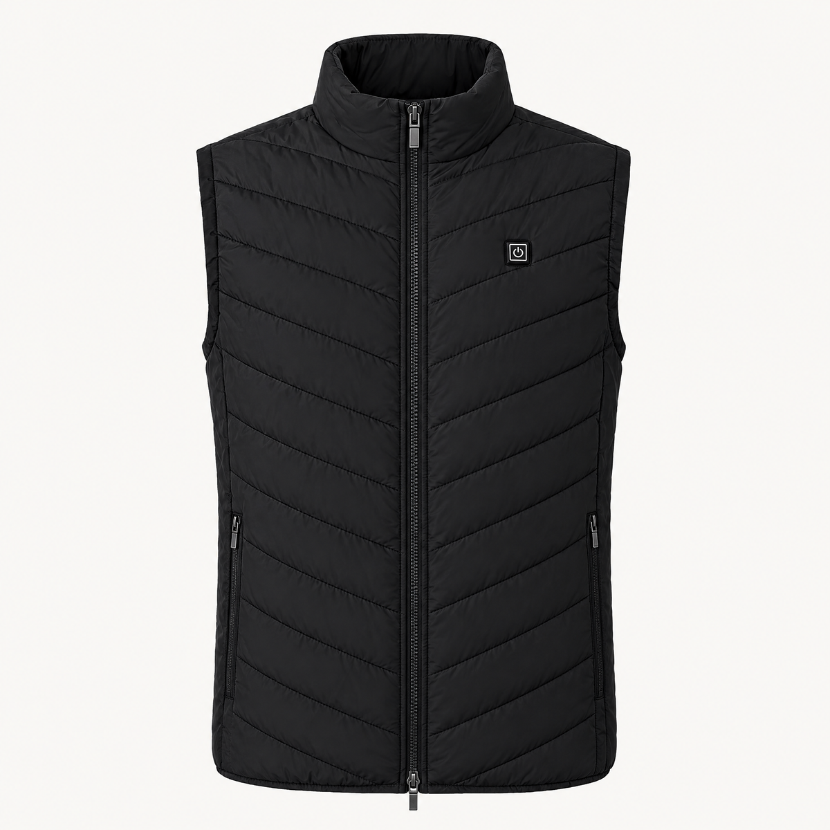 Heated gilet with collar and back heat, chevron quilting