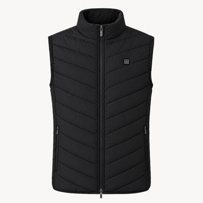 Heated gilet with collar and back heat, chevron quilting
