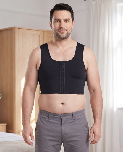 Man wearing the black cropped chest compression vest with front hook fastening