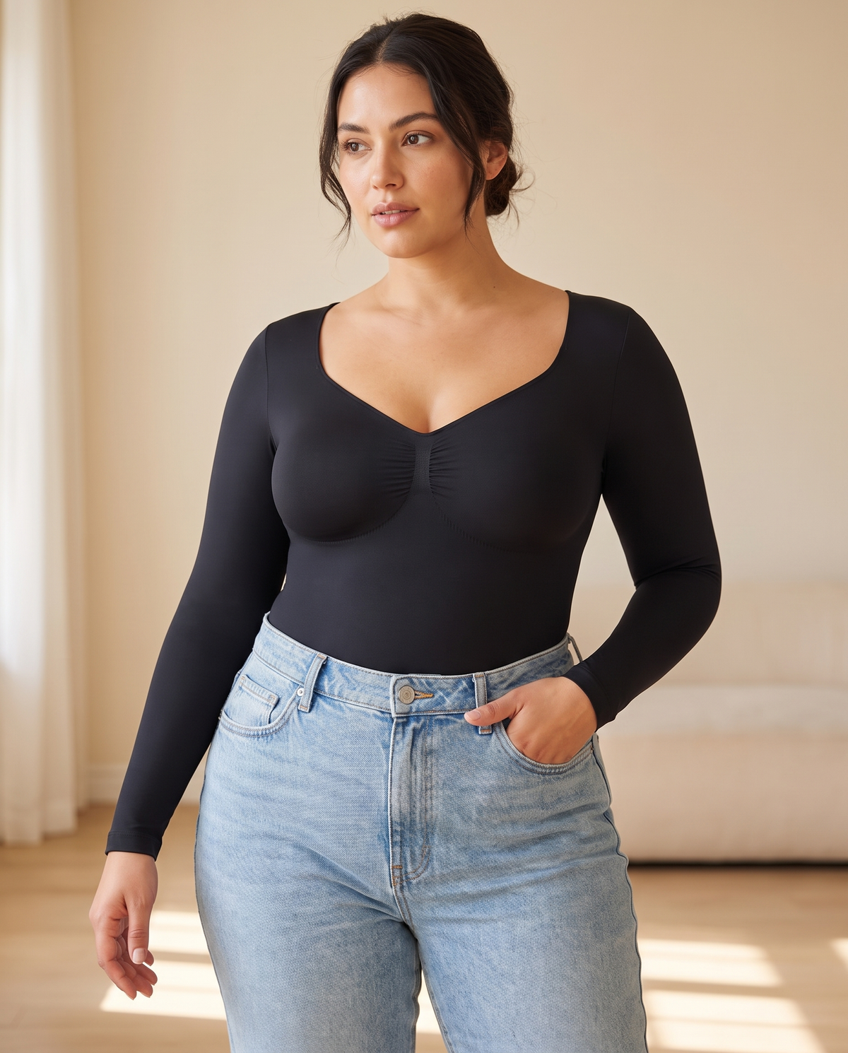 Long sleeve thong bodysuit with V neckline, front view