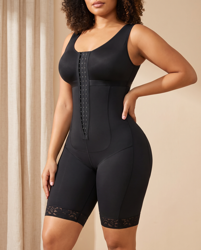 Full-coverage above-knee shaping bodysuit, front view