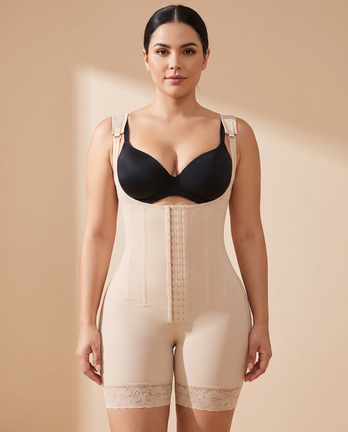 Boned faja bodysuit with front hooks, front view