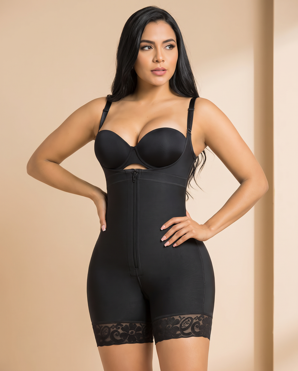 Open-bust faja bodysuit with front zip, front view