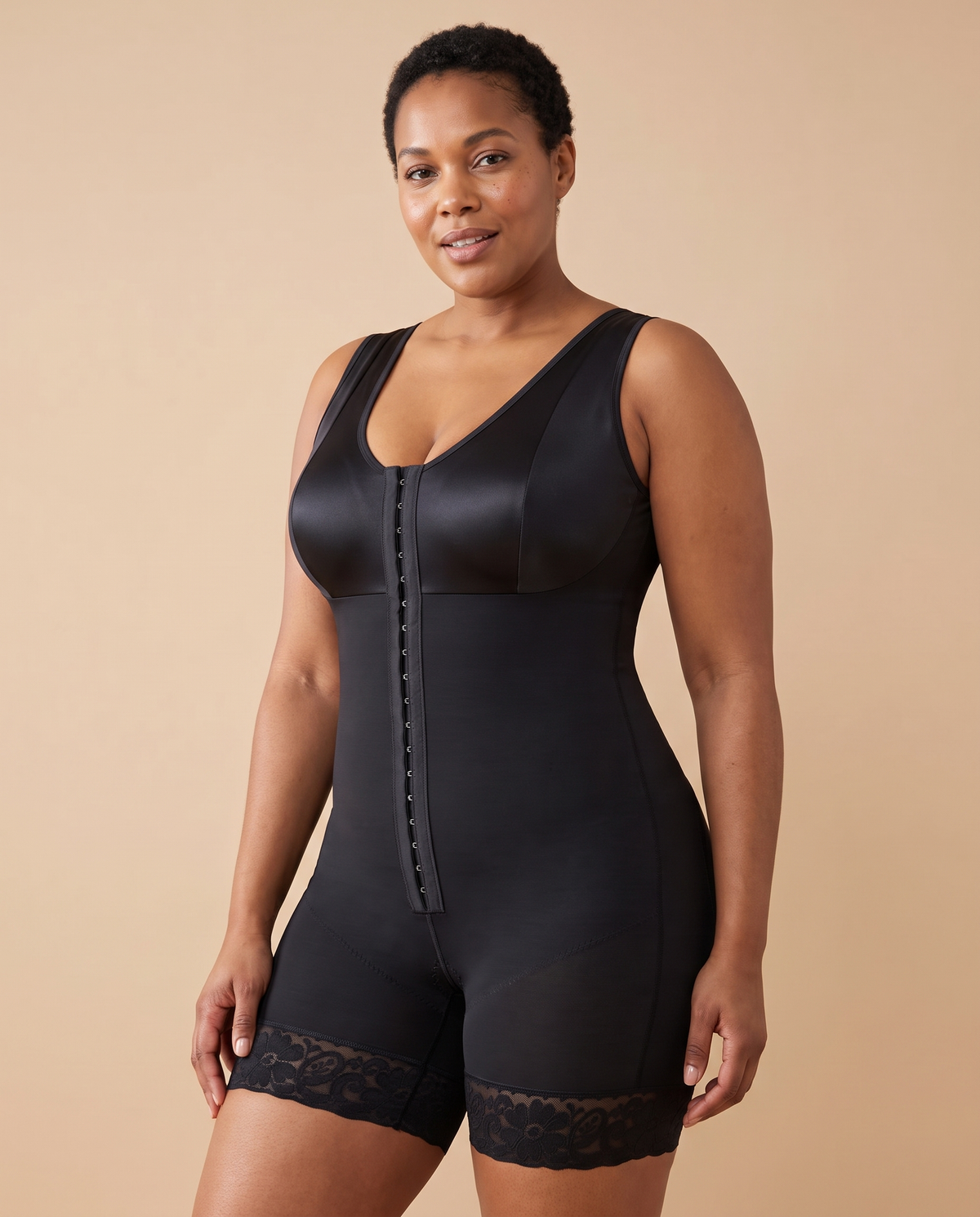 Full-coverage shaping bodysuit with front hooks, front view