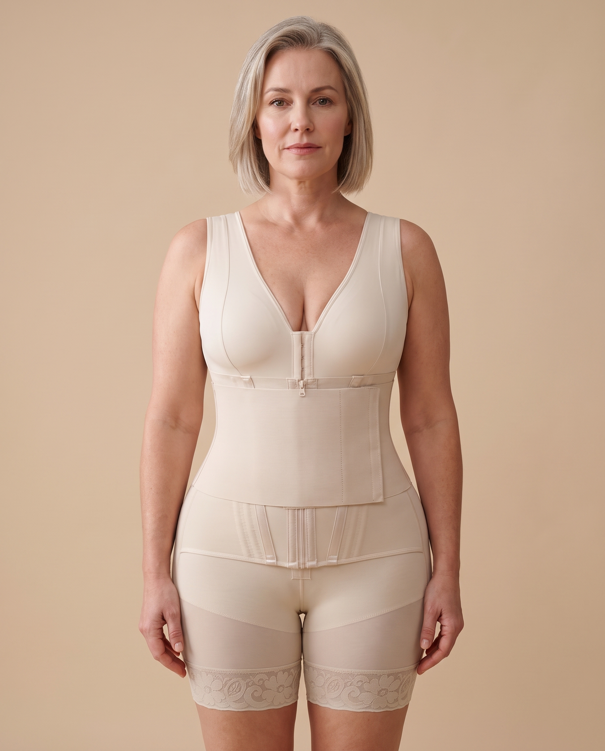 Full-bust faja bodysuit with hooks and zip, front view