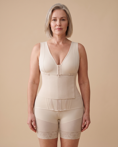Full-bust faja bodysuit with hooks and zip, front view