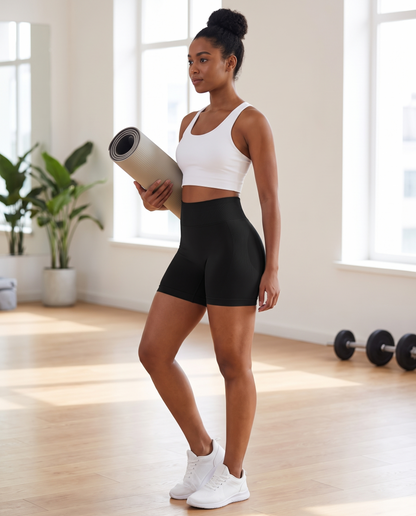 Seamless high-waist gym shorts, front view